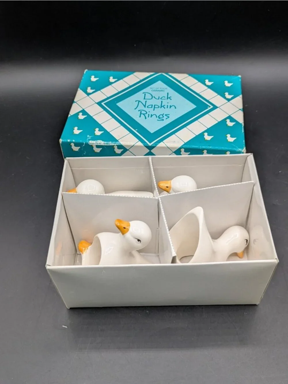 Vintage White Ceramic Duck Goose Napkin Rings Set of 4 in Box Farmhouse Cottage